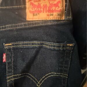 Gently Used Dark Blue Straight-Leg Jeans with Yellow Stitching